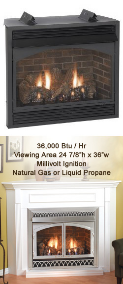 36" Vail Premium Vent Free Fireplace, Millivolt Ignition, Blower - Empire
